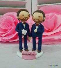 wedding photo - Gay Wedding Cake topper clay doll in Navy blue suit , Same sex same beard Clay Couple, clay figurine decoration, rings holder clay miniature