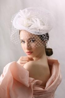 wedding photo - White Veiled  Wedding Hat, Spring summer wedding fascinator, Bridal fascinator hat, Haute couture wedding hat, Couture millinery bridal hat