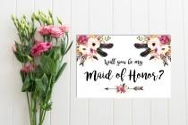 wedding photo - Boho Floral Will You Be My Maid of Honor Card, Printable Maid of Honor Card, Feathers Boho Maid of Honor, Proposal Instant Download 111-W