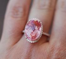 wedding photo - Padparadscha Sapphire Ring 14k Rose Gold Diamond 10.3ct Oval Peach Sapphire Engagement Ring