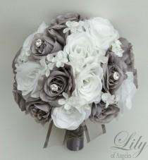 wedding photo - 17 Piece Package Wedding Bridal Bouquet Silk Flowers Bouquets Artificial Bride WHITE GREY JEWELS Faux Diamonds "Lily of Angeles" GYWT01"
