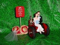 wedding photo - Tractor Farm County Outdoor Rustic Couple on Groom Wedding Cake Topper - Bride with Blue Flowers Themed  Mr Loves Mrs - REDTStyle3A
