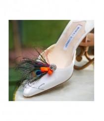 wedding photo - Shoe Clips Double Peacock Feathers & Tangerine Bow. Bride Bridesmaid Maid Honor MOH, Big Day Party Gift, Statement Eggplant Purple Plum Clip