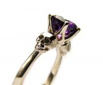 wedding photo - Skull Engagement Ring in White Gold, Goth Promise Ring, Goth Engagement Ring with Amethyst or Garnet Skull Jewel Ring Red Gem Memento Mori