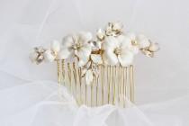 wedding photo - Opal and Crystal Rhinestones with White Flowers on Gold Plated Haircomb  -  Bridal  Gold Haircomb - Wedding Floral Crystal Bun Ornament