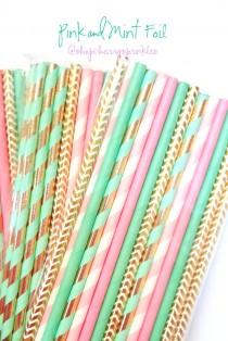wedding photo - Pink and Mint Party Supplies -Mint Straws -Pink Straws -Gold Foil Straws -Mint and Pink Wedding Decorations -Pink Stripe -Mint Stripe *Gold