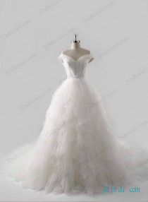 wedding photo -  Unique tulle ruffled ball gown wedding dress with off shoulder
