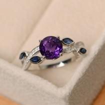 wedding photo - Amethyst ring, leaf ring, multistone ring, sterling silver, purple gemstone ring, amethyst engagement ring