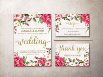 wedding photo - Floral Wedding Invitation, Printable Wedding Invitation Suite, Pink & Gold Boho Wedding Invitation Set, Spring Summer Wedding Invite