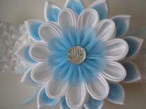 wedding photo - Headband, kanzashi flower elastic band fabric flower white and  blue made of satin and organza ribbon gift for girls first birthday