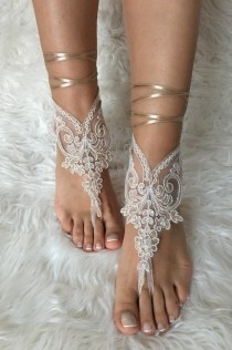 wedding photo -  Champagne ivory frame lariat barefoot sandals, french lace sandals, wedding anklet, Beach wedding barefoot sandals, embroidered sandals