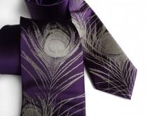 wedding photo - Peacock feather necktie. Eggplant purple men's tie. Antique brass screnprint. Microfiber tie. Your choice: standard or narrow size.
