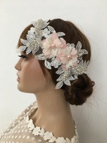 wedding photo -  Bridal Lace Hair Piece, ivory salmon 3D Floral Wedding Headpiece, Bridal Lace Headpiece, Rhinestone hairpiece Bridal Hair, Accessories