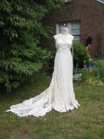 wedding photo - Hippie Lace Collage Wedding Gown with train and beaded neckline made to order