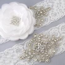 wedding photo - Flower Garter, Wedding Garter Set, White Lace Garter, Crystal Rhinestone Bridal Garters, Keepsake and Toss Garters