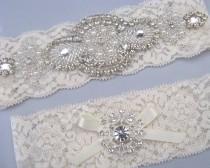 wedding photo - Pearl Crystal Wedding Garter Set, Ivory / White Lace Bridal Garters, Rhinestone Keepsake and Toss Garters, Heirloom Garter, Something Blue