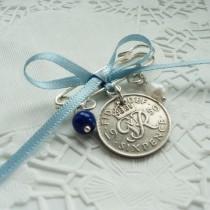 wedding photo - Something Old, New, Borrowed Blue Wedding Charm - Vintage Lucky Sixpence Bridal Gift - Garter - Buttonhole or Bouquet Charm