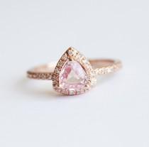 wedding photo - Peach Sapphire Ring, Peach Sapphire Engagement Ring, Pink Sapphire Ring, Halo Diamond Ring, Rose Gold Engagement Ring, Rose Gold Sapphire