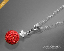 wedding photo -  Light Red Crystal Necklace Single Red Crystal Sterling Silver Necklace Wedding Light Red CZ Crystal Pendant 10mm Light Red Fireball Necklace