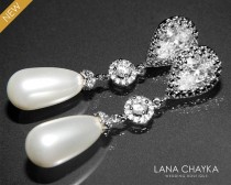 wedding photo -  White Teardrop Pearl Bridal Earrings Swarovski White Pearls Silver Cubic Zirconia Earrings Wedding Pearl Jewelry Bridal Pearl Earrings