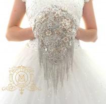wedding photo - Champagne teardrop cascading BROOCH BOUQUET. Ivory royal glamour jeweled bling wedding bridal bouquet