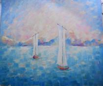 wedding photo - Calm sea Regatta seascape boats Large oil painting fishing fisherman life sunny day ships in ocean decor office wall interior gift for him
