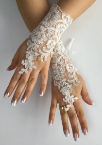 wedding photo -  Free ship Wedding gloves ivory bridal gloves lace gloves fingerless gloves french lace gloves