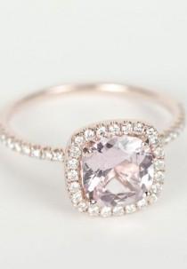wedding photo - Certified Peach Pink Cushion Sapphire Diamond Halo Engagement Ring 14K Rose Gold