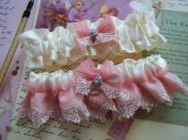 wedding photo - Beautiful Soft Pink Lace on Off White Satin Garter Set