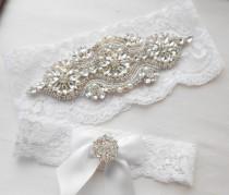 wedding photo - Wedding Garter Set Ivory or White Stretch Lace Bridal Garter Set Crystals and Rhinestones and Lovely Pearls.