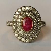 wedding photo - Vintage Ruby Ring. Diamond Halo. 18K Solid Yellow Gold Setting. Unique Engagement Ring. July Birthstone. 15th Anniversary. Estate Jewelry.