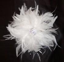 wedding photo - White or Ivory Ostrich Feather Bridal Clip - Vintage Style Fascinator Brooch Crystal & Pearls Spray Pouf Bride Wedding Hair Piece Large
