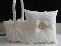 wedding photo - Ivory Wedding Basket  Lace Wedding Pillow  Cream Flower Girl Basket  Ivory Ring bearer Pillow  Beige Wedding Pillow Basket Set