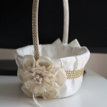 wedding photo -  Ivory flower girl basket \ Ivory gold wedding basket \ gold wedding ceremony basket \ ivory petals basket \ Ivory Gold pillow basket set - $28.00 USD