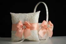 wedding photo -  Peach Flower Girl Basket \ Peach Ring bearer Pillow \ Peach Wedding Basket, Peach Wedding Pillow, Peach Lace Bearer, Peach Pillow Basket Set