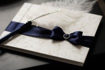 wedding photo - Navy Wedding Guest Book   Ostrich Feather Pen  Navy Sign in Book with Pen  Baby Shower Book  Navy Guest book with pen  Navy Wishes book