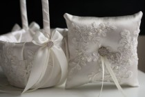 wedding photo -  Ivory Wedding Pillow Basket Set, Lace Ring Bearer Pillow, Ivory Flower Girl Basket, Lace Ring Holder Lace Wedding Pillow Lace wedding basket