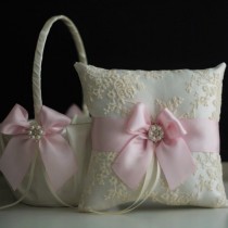 wedding photo -  Pink Flower Girl Basket   Blush Ring Bearer Pillow \ Pink Wedding Basket   Blush pink Wedding Ring Pillow \ Blush wedding Pillow basket set