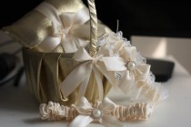 wedding photo -  Gold Ring Bearer Pillow   Gold Flower Girl Basket   2 Bridal Garters Set \ Gold Wedding Basket   Gold Ring Pillow, Lace Wedding Garters