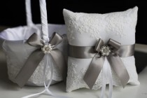 wedding photo -  Gray Bearer Pillow & Lace Wedding Basket, off-white Gray wedding Flower Girl Basket   Ring Bearer Pillow, Gray Lace Bearer pillow basket set