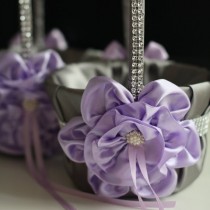 wedding photo - Gray Violet Wedding Basket & Ring Bearer Pillow  Lilac Flower Girl Basket   Wedding Ring Pillow  Wedding Petals Basket   Gray Ring Holder