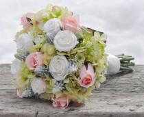 wedding photo - Silk Wedding Bouquet, Wedding Bouquet, Keepsake Bouquet, Bridal Bouquet Silk Green hydrangea, salmon roses and blue hyacinth bouquet