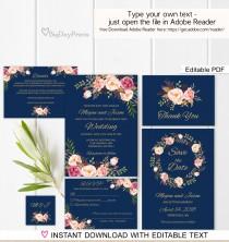 wedding photo - Navy Wedding Invitation Template, Boho Chic Wedding Invitation Suite, Floral Wedding Set, , Editable PDF - you personalize at home.