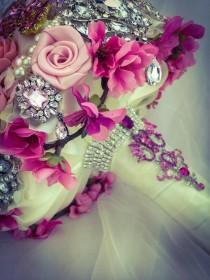 wedding photo - Pink Shades Ivory Crystal Bling Bridal  Bouquet. Classic Elegant Very Rich wedding jewelry keepsake petal bouquet