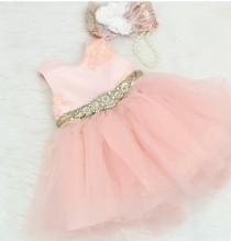 wedding photo - Embellished blush pink Gold Girl Dress, First birthday girl outfit, princess dress, birthday dress, lace flower girl dresses