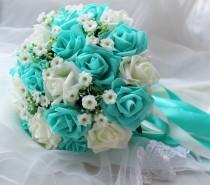 wedding photo - Turquoise Green White Wedding Bouquet, Turquoise Flowers Bridal Bouquet,  Wedding Centerpieces, Decorations,Silk Ribbon Fake Flower Bouquets