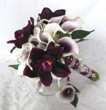 wedding photo - Picasso Real Touch Calla Lily Bridal Bouquet Plum orchid white calla lily and purple heart calla lily set