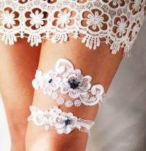 wedding photo - Wedding Garter Bridal Garter - Lace Garter Navy Blue Garter - Vintage Inspired White Garter - Rustic Garter Bohemian Garter