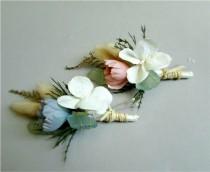 wedding photo - Set of Pastel Silk, Dried Flower, and Sea Glass Boutonnieres, Ivory, Blush Pink, Blue, Green, Beach Wedding, Coastal, "Seaside"