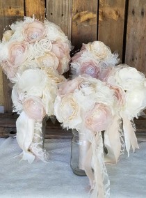 wedding photo - Wedding Brooch Bouquet Package-5 Vintage Bouquets Pink Champagne and Ivory Fabric flower bouquet, alternative fabric bouquets